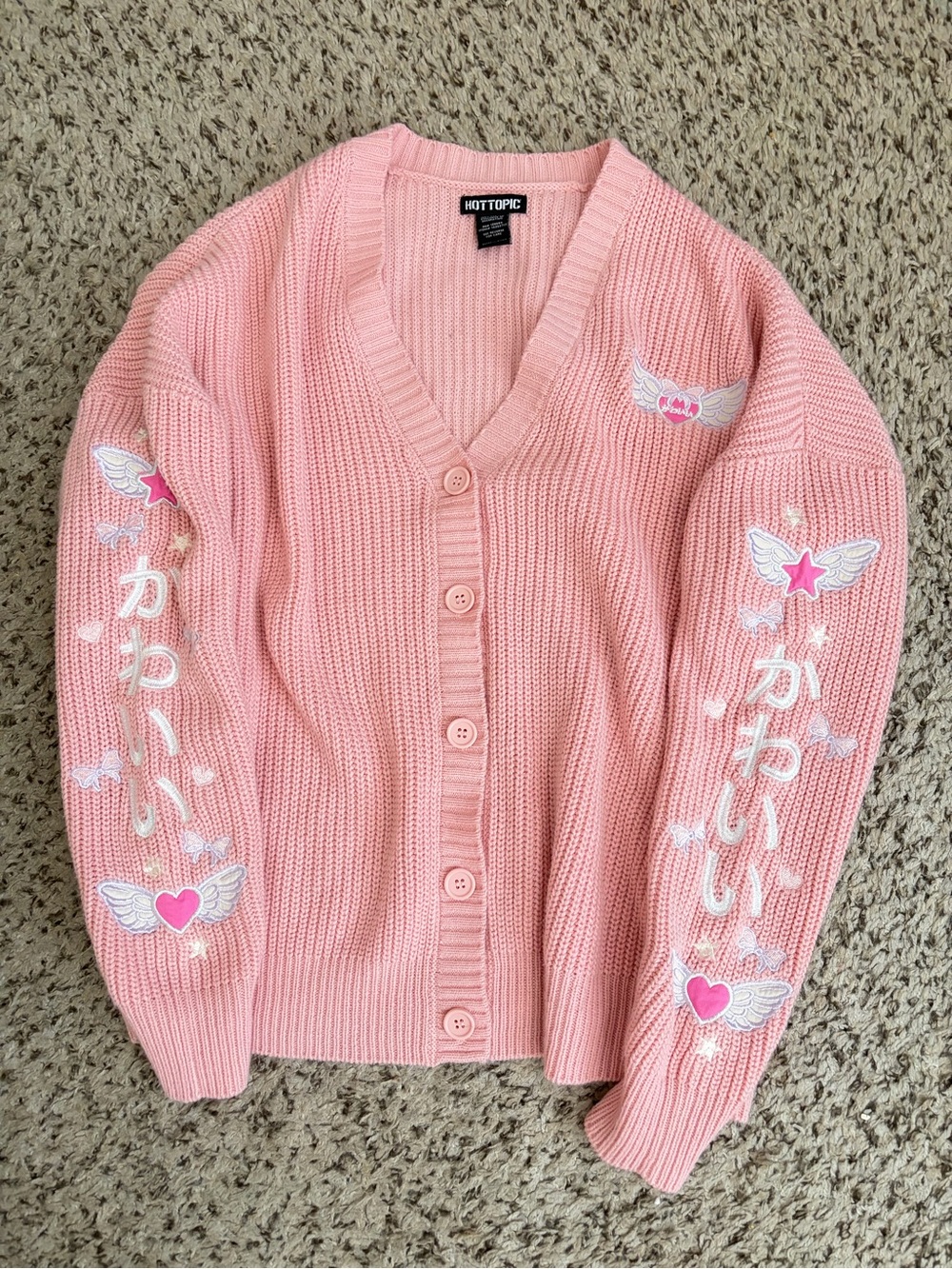 Hot Topic Pink Kawaii Cutecore Embroidered Button-Up Cardigan Sweater